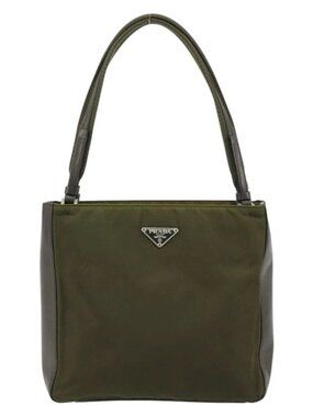 PRADA Hand Bag Nylon Khaki Silver Auth 175268